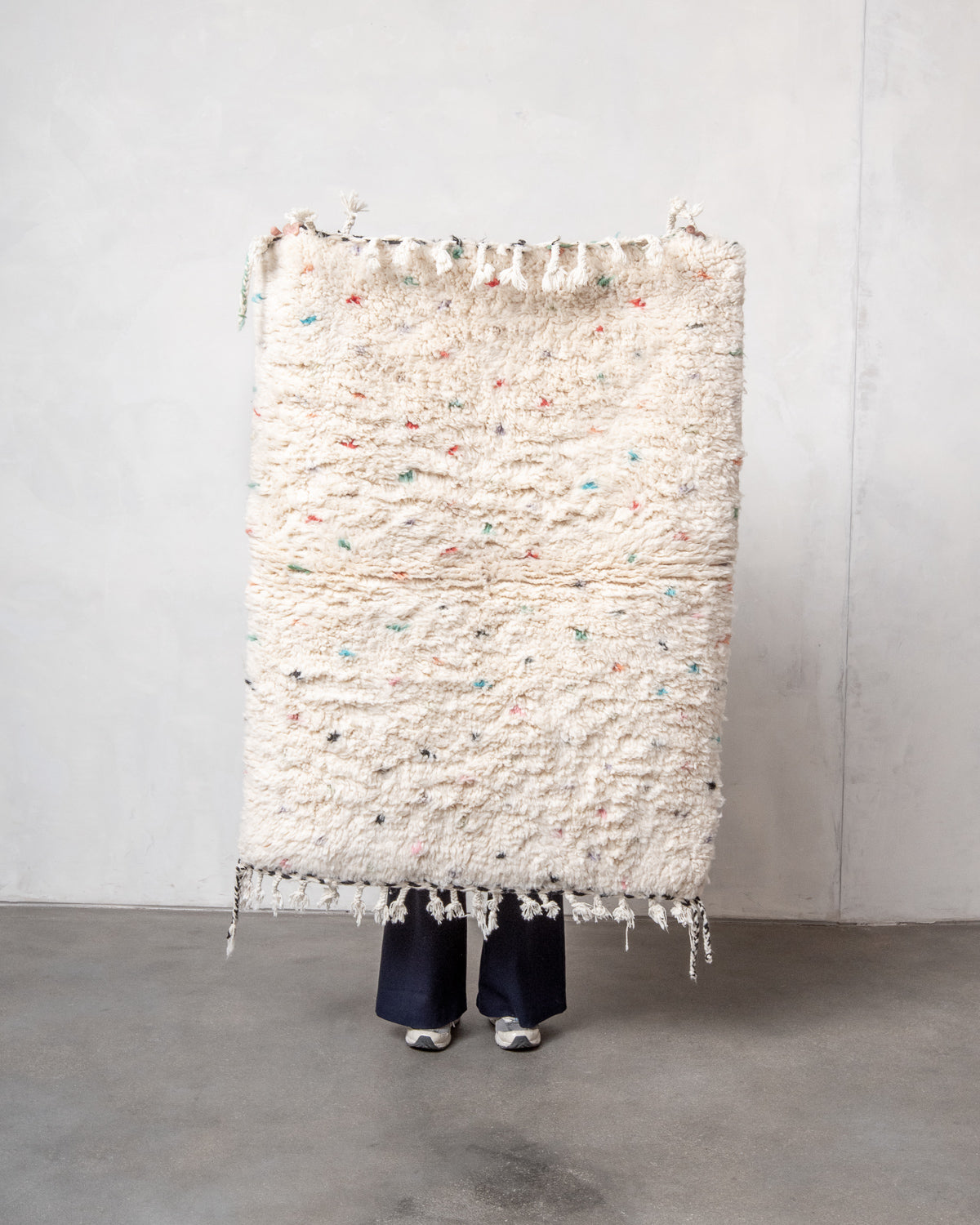 Modern, designer, handcrafted Berber rug from Morocco. Beniourain carpet with beautiful colours and patterns and fluffy wool texture.
